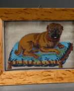 Carpets & Textiles. Fine beadwork picture ‘Lying pug on cushion’ in th…