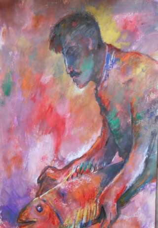 Мужчина с красной рыбой Papier Aquarell auf Papier Абстрактный субъективизм наполненный людьми - Foto 1