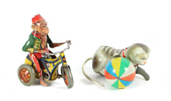 2 Blechfiguren Arnold, Affe ''Boby'' auf Dreirad, D.R.G.M., foreign Ge… - Foto 1