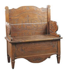 Hochzeits-Truhenbank dat. 1803 (geschnitzt), Eiche, Stollenbauweise, d…