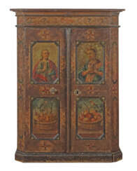 Bauernschrank mit Christus und Maria dat. 1765, Nadelholz, zweitüriger…