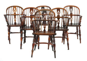 Satz aus sechs Captain Chairs 19. Jh., Esche massiv, schräg ausgestell…