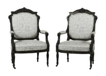 Zwei Napoleon III.-Sessel um 1870, Holz, schwarz gebeizt, goldfarben s…