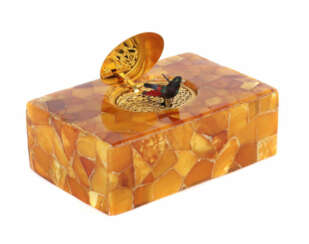 Singvogelautomat Reuge Music, 1960er/70er Jahre, recheckiger Holzkorpu…