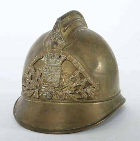Feuerwehrhelm Frankreich, Messing, Messingglocke mit Raupe und Frontem… - photo 2