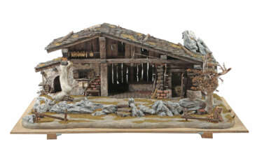 Große Krippe wohl Grödnertal, 20. Jh., tls. bemaltes Holz/Masse, offen…