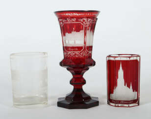 Konvolut 3 Gläser mit Ansichten 19. Jh., bestehend aus einem Pokal, fa…