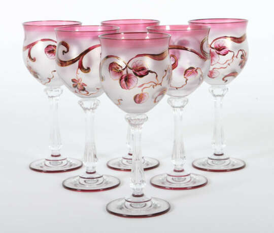 Satz 6 feiner Weingläser wohl Böhmen, um 1910/20 Kristallglas, die glo… - photo 1