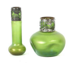 2 Vase Joh. Loetz Wwe, Klostermühle, um 1900, grünes Glas, 1 x Kugelfo…