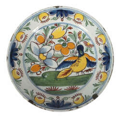 Fayenceteller mit Vogelmalerei Delft/Holland, 17./18 Jh., beiger Scher…