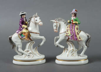 2 Reiterfiguren Volkstedt Müller & Co, 2. Hälfte 20. Jh., Dame und Her…