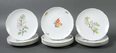 12 Teller mit floralem Dekor Nymphenburg, 20. Jh, Porzellan, polychrom…