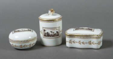3 Deckeldosen mit Ansichten Ginori, Italien, 20. Jh., Porzellan glasie…