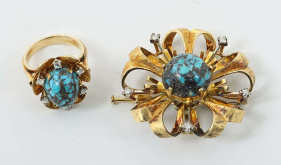 Ring und Brosche 20. Jhr., Gelbgold 750, punziert, besetzt mit Türkisc… - photo 1 Ring und Brosche 20. Jhr., Gelbgold 750, punziert, besetzt mit Türkisc… - photo 1