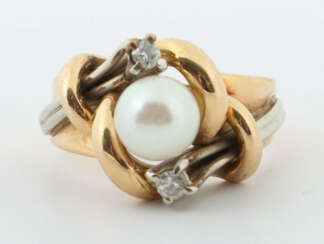 Ring mit Perle 20. Jhr., Gelbgold/Weißgold 750, besetzt mit Zuchtperle…
