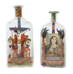 Paar Geduldsflaschen wohl Süddeutschland, 19./20. Jh., Holz bemalt, Pa…