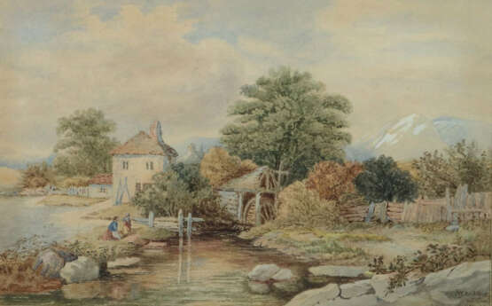 Maler des 19. Jh. ''Mühle in Conwy'', Landschaftsdarstellung mit Fraue… - Foto 1 Maler des 19. Jh. ''Mühle in Conwy'', Landschaftsdarstellung mit Fraue… - Foto 1