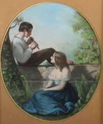 Maler des 19. Jh. ''Die Bewunderin'', eine junge Frau den flötespielen…