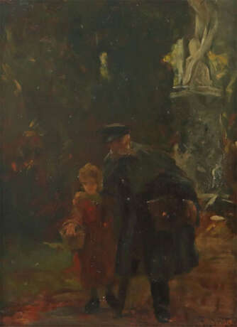 Maler des 19. Jh. ''Auf dem Weg zum Einkauf'', Vater und Tochter mit K… - photo 1 Maler des 19. Jh. ''Auf dem Weg zum Einkauf'', Vater und Tochter mit K… - photo 1