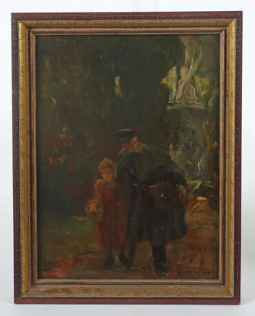Maler des 19. Jh. ''Auf dem Weg zum Einkauf'', Vater und Tochter mit K… - photo 2 Maler des 19. Jh. ''Auf dem Weg zum Einkauf'', Vater und Tochter mit K… - photo 2