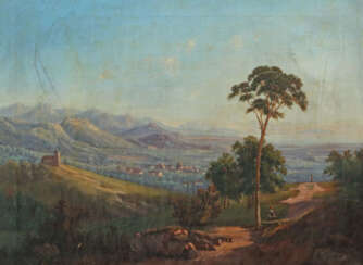 Maler des 19. Jh. ''Idyllische Berglandschaft'', Blick auf eine hügeli…