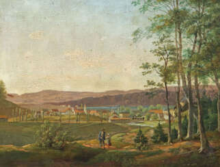 Monogrammist des 19. Jh. ''Stadtansicht am See'', Blick an einem Wäldc…