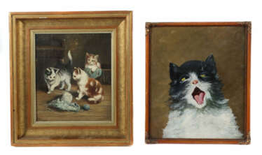 2 Künstler des 19./20. Jh. 2 variierende Gemälde mit Katzenmotiven, 1x…