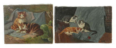2 Künstler des 19./20. Jh. 2 variierende Gemälde mit Katzenmotiven, 1x…