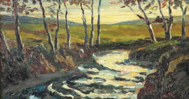 Maler des 20. Jh. ''Bachlauf'', zwischen herbstlicher Hügellandschaft …