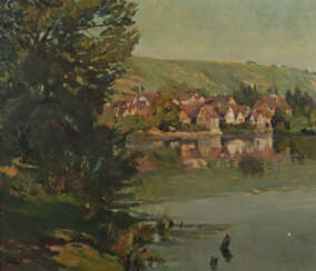 Maler des 20. Jh. ''Hoheneck am Neckar'', Blick auf das Dorf am See vo…
