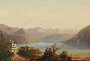 Maler des 20. Jh. ''Alpine Seelandschaft'', Blick auf Häuser an einem …