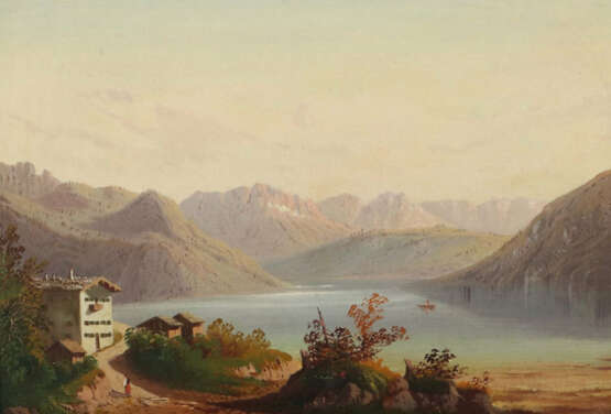 Maler des 20. Jh. ''Alpine Seelandschaft'', Blick auf Häuser an einem … - photo 1 Maler des 20. Jh. ''Alpine Seelandschaft'', Blick auf Häuser an einem … - photo 1
