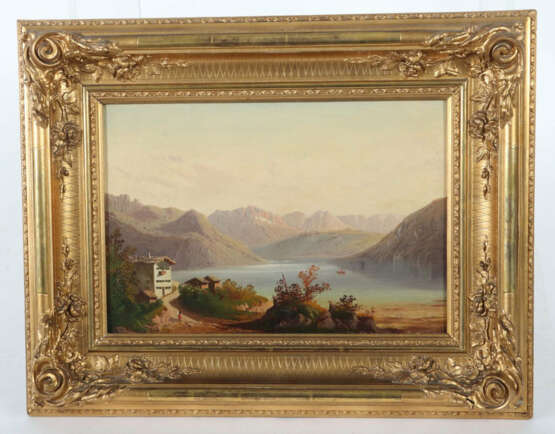 Maler des 20. Jh. ''Alpine Seelandschaft'', Blick auf Häuser an einem … - photo 2 Maler des 20. Jh. ''Alpine Seelandschaft'', Blick auf Häuser an einem … - photo 2