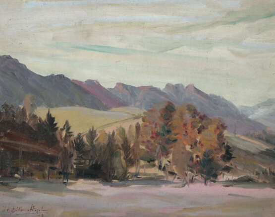 Maler des 20. Jh. ''Berglandschaft im Morgenrot'', Blick auf eine berg… - photo 1