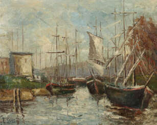Peller, F. Maler des 20. Jh.. ''Segelschiffe am Hafen'', Blick auf meh…