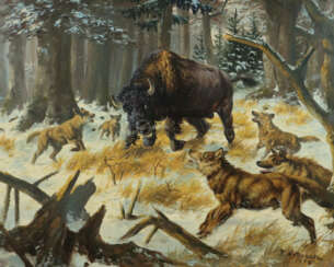 Arendt, Fred 1928 - 2014, deutscher Maler. ''Büffel von Wölfen umringt…