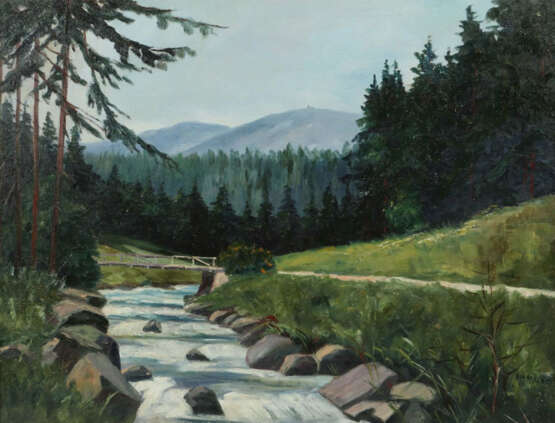 Maler des 20./21. Jh. ''Flusslandschaft'', an einer Brücke über einem … - photo 1