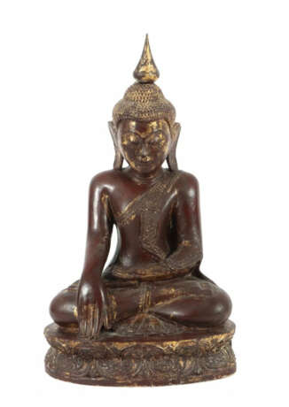 Buddha Burma, 2. Drittel 20. Jh., Holz, rostrot farbig gefasst, partie… - photo 1