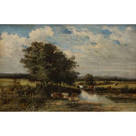 ENGLISCHER MALER 19. Jahrhundert, "Flusslandschaft mit Rindern und Schafen an den Ufern", - photo 1