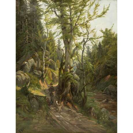 GEBHARDT, C. ? (Maler 19./20. Jahrhundert), "Jäger mit zwei Hunden auf dem Weg im Gebirgswald", - Foto 1