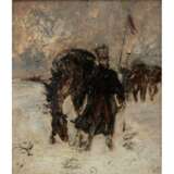 MALER 19. Jahrhundert "Russische Soldaten mit ihren Pferden in verschneiter Landschaft", - фото 1
