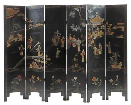 Paravent China, 20. Jh., schwarz lackierte Holzelemente mit Scharnierv… - фото 1 Paravent China, 20. Jh., schwarz lackierte Holzelemente mit Scharnierv… - фото 1