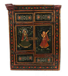 Bemalte Tür en miniature Indien, wohl 19. Jh., Holzrahmen mit 2 an Hak…