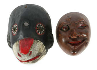 Zwei Masken 1x Affenmaske aus Guatemala, Holz, geschnitzt, farbig bema…
