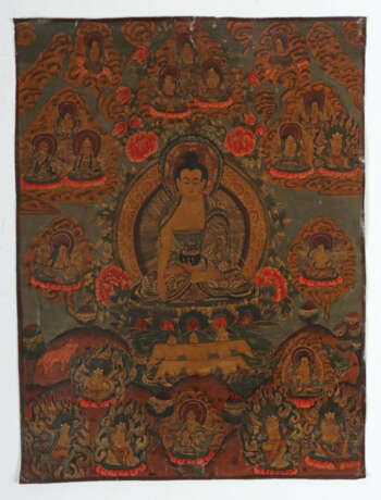 Thangka mit Buddha Shakyamuni Nepal, 1. Hälfte 20. Jh., Tempera auf Le… - photo 2 Thangka mit Buddha Shakyamuni Nepal, 1. Hälfte 20. Jh., Tempera auf Le… - photo 2