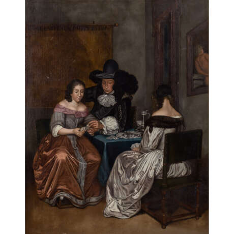 TERBORCH, Gerard, NACH (auch Ter Borch; 1617-1681), "Zwei Damen und ein Herr beim Kartenspiel", - Foto 1