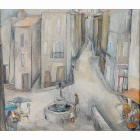 ALEX (Künstler/in 20. Jahrhundert), "Platz mit Brunnen und Cafés vor Häuserfassaden", - photo 1