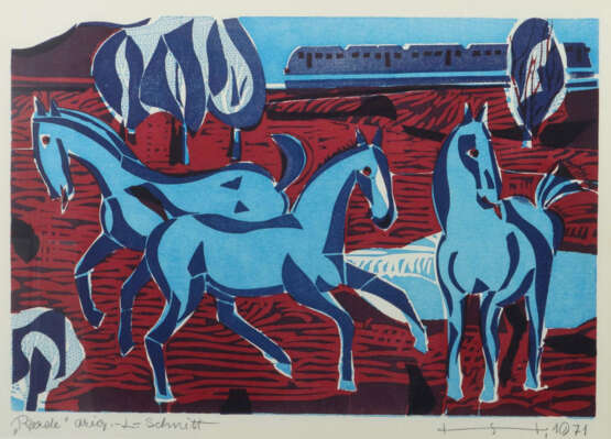 Hahn, Hans 1916 - 1989, deutscher Maler. ''Pferdekräfte'', 3 Pferde au… - Foto 1 Hahn, Hans 1916 - 1989, deutscher Maler. ''Pferdekräfte'', 3 Pferde au… - Foto 1