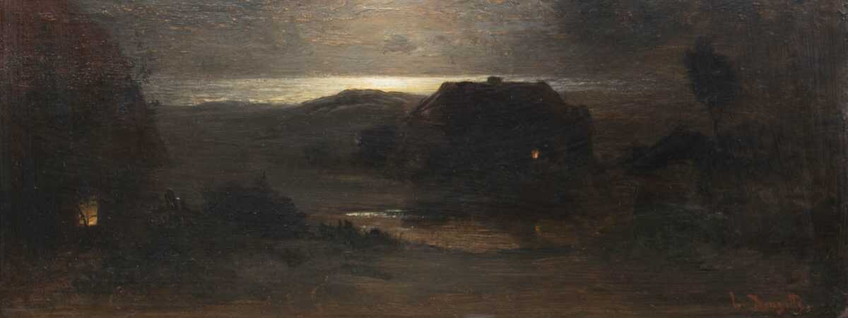 Douzette, Louis (1834 Tribsees-1924 Barth) "Zwei Fischerkaten im Mondschein", Öl/ Holz, sign. u.r., verso alter Aufkleber der Berliner Kunst-Ausstellung "Konrath & van Baerle", Hof- Kunsthändler d… Douzette, Louis (1834 Tribsees-1924 Barth) "Zwei Fischerkaten im Mondschein", Öl/ Holz, sign. u.r., verso alter Aufkleber der Berliner Kunst-Ausstellung "Konrath & van Baerle", Hof- Kunsthändler d…