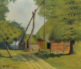 Schöning, Otto "Hof im Grünen", Öl/ Hartfaser, sign. u.l. und dat. ´46, 35,5x39,5 cm, Rahmen
